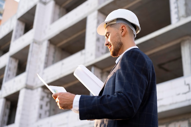 Trabajador de la construcción y la construcción en el sitio.