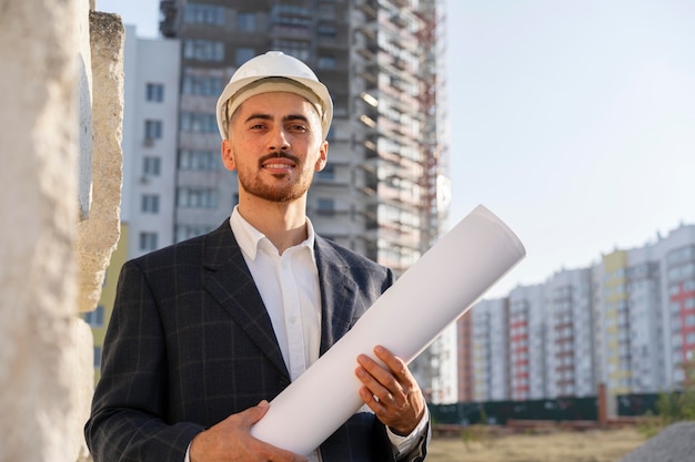 Foto gratuita trabajador de la construcción y la construcción en el sitio.