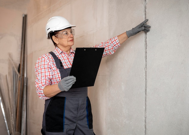 Foto gratuita trabajador de la construcción femenina con casco inspeccionando con portapapeles