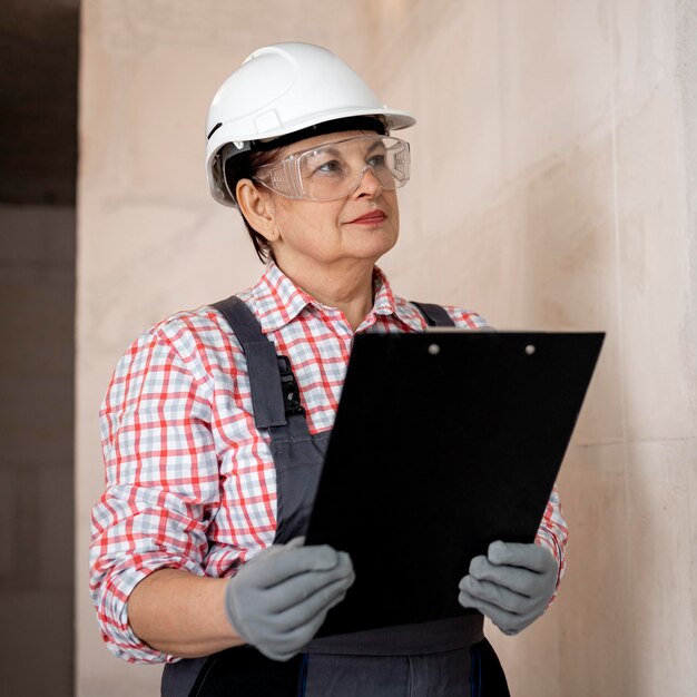 Trabajador de la construcción femenina con casco y portapapeles