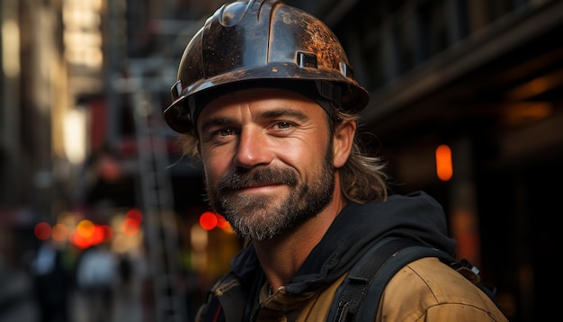 Foto gratuita trabajador de la construcción sonriente con sombrero fuerte confiado y feliz generado por inteligencia artificial