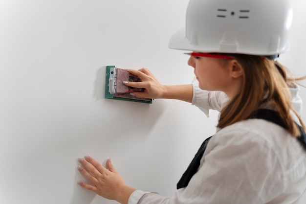 Trabajador de la construcción de tiro medio alisando la pared