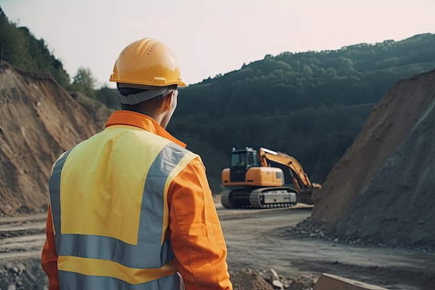 Trabajador por detrás vestido con ropa de trabajo observando algunas excavadoras en el sitio de construcción Ai generativo