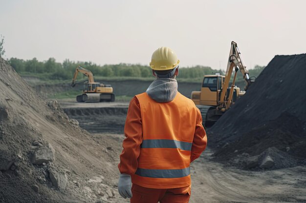 Trabajador por detrás vestido con ropa de trabajo observando algunas excavadoras en el sitio de construcción Ai generativo