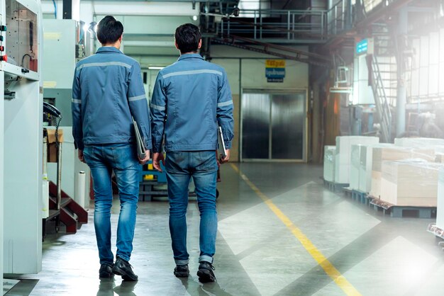 El trabajador del equipo de ingenieros de fábrica en un uniforme está caminando a través de las instalaciones de fabricación de maquinaria industrial.