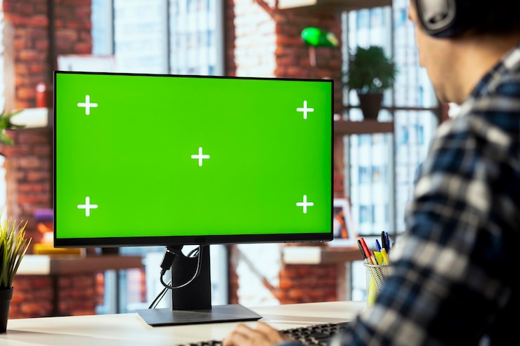 Foto gratuito trabajador escuchando música analizando datos en una pc de pantalla verde en el escritorio
