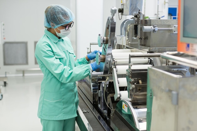 Trabajador de una fábrica caucásica con traje de laboratorio azul que comprueba las lecturas de la máquina