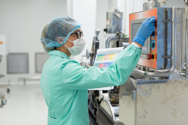 Trabajador de fábrica caucásico en traje de laboratorio azul mira el panel de control de la máquina