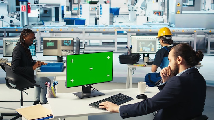 Foto gratuito un trabajador de una fábrica fotovoltaica controla el rendimiento del sistema en una pc de pantalla verde