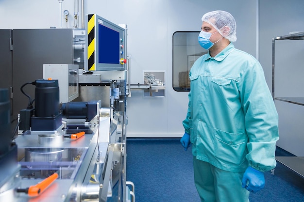 Foto gratuita trabajador de fábrica de la industria farmacéutica trabajador en ropa protectora en condiciones de trabajo estériles que operan en equipos farmacéuticos