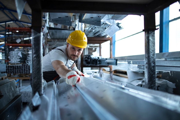 Foto gratuito trabajador de fábrica que trabaja en el almacén de manipulación de material metálico para la producción