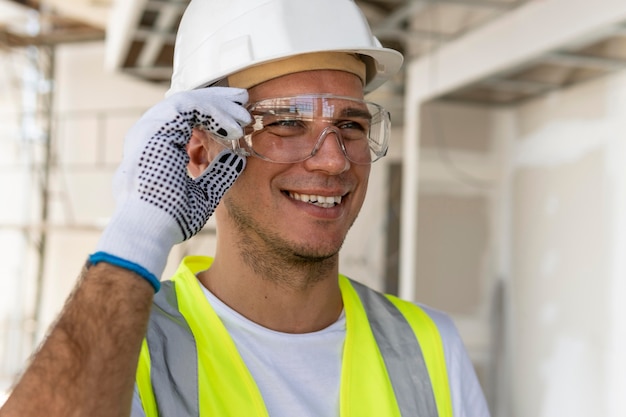 Trabajador con gafas de seguridad en un sitio en construcción