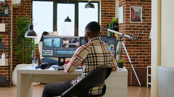 Foto gratuito un trabajador independiente afroamericano editando un video de fondo en su oficina en casa.