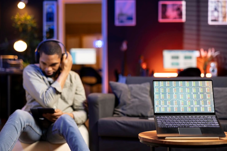 Foto gratuito un trabajador independiente afroamericano trabaja en casa usando una computadora portátil para estudiar los precios de las acciones