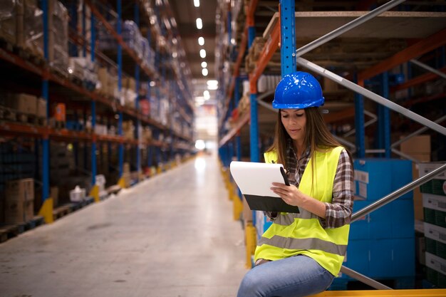 Trabajador industrial que controla el inventario de mercancías en un gran centro de almacenamiento de almacén y escribe un informe sobre los resultados de la distribución