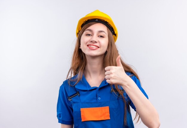 Trabajador joven constructor en uniforme de construcción y casco de seguridad sonriendo alegremente mostrando los pulgares para arriba de pie sobre la pared blanca