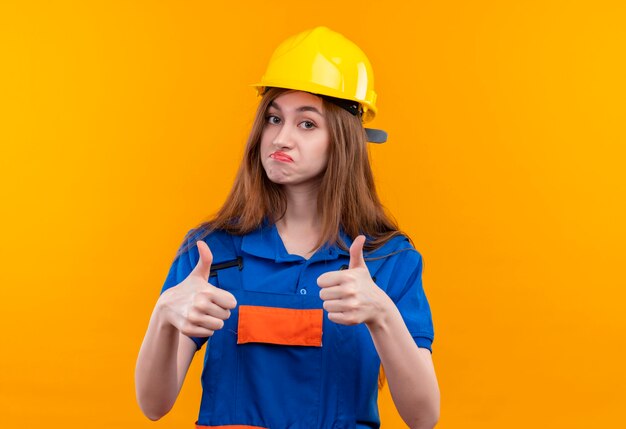 Trabajador joven constructor en uniforme de construcción y casco de seguridad sonriendo confiado mostrando los pulgares para arriba con ambas manos de pie sobre la pared naranja