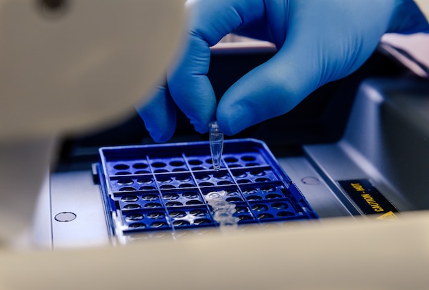 Un trabajador de laboratorio colocando puntas de pipeta en un recipiente azul para una prueba de coronavirus