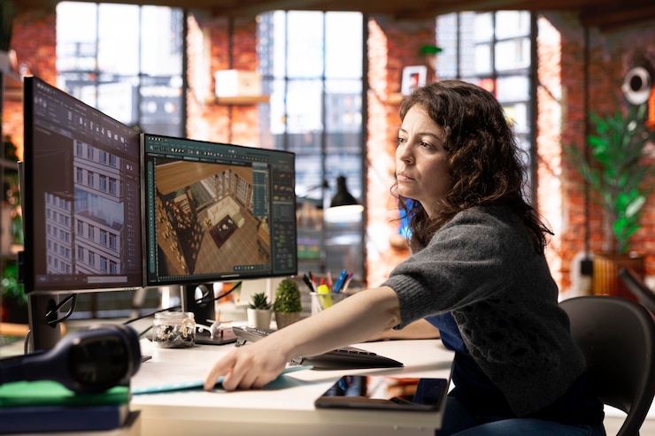 Foto gratuito un trabajador en una oficina creativa utiliza software cad para diseñar el interior de una casa