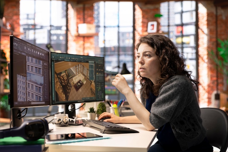 Foto gratuito un trabajador en una oficina creativa utiliza software cad para diseñar el interior de una casa