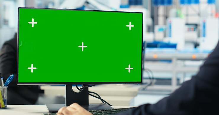 Foto gratuito trabajador de una planta de fabricación de paneles solares reduciendo el tiempo de inactividad utilizando una pc de pantalla verde