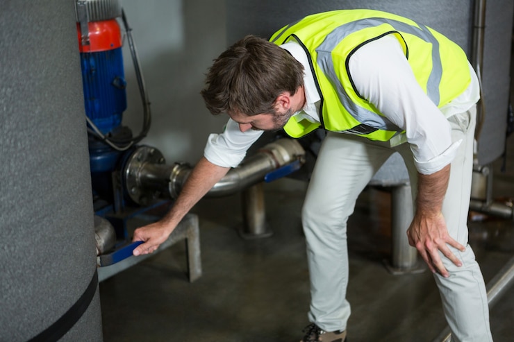 Foto gratuito trabajador de sexo masculino operando maquinaria en la fábrica.