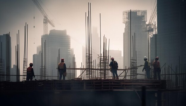 Trabajadores de la construcción en cascos planean rascacielos usando planos y trabajo en equipo generado por IA