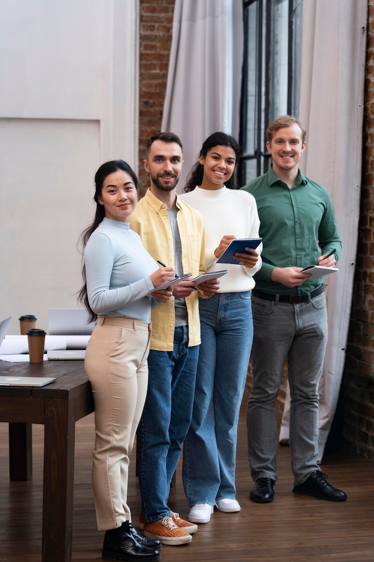 Foto gratuito trabajadores corporativos intercambiando ideas juntos