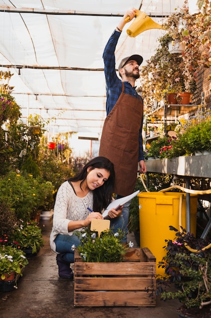 Trabajadores cuidando flores