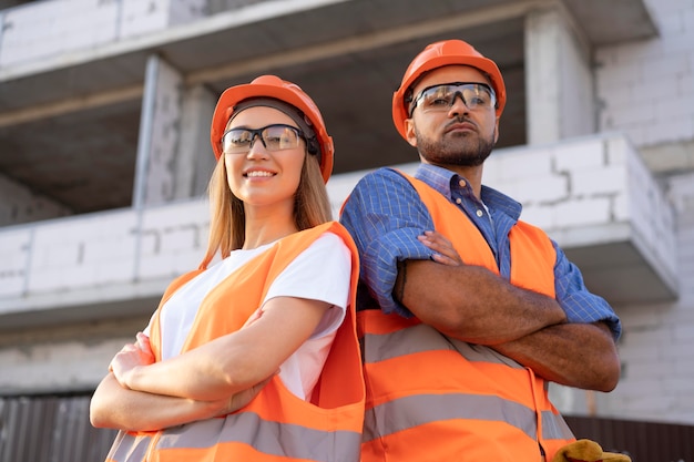 Trabajadores de la edificación y la construcción en el sitio.