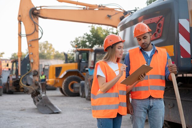 Trabajadores de la edificación y la construcción en el sitio.