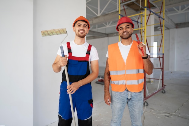 Trabajadores de la edificación y la construcción en el sitio.