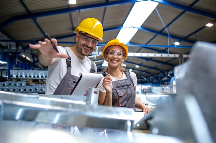 Foto gratuito trabajadores de la fábrica controlando juntos la calidad de los productos fabricados