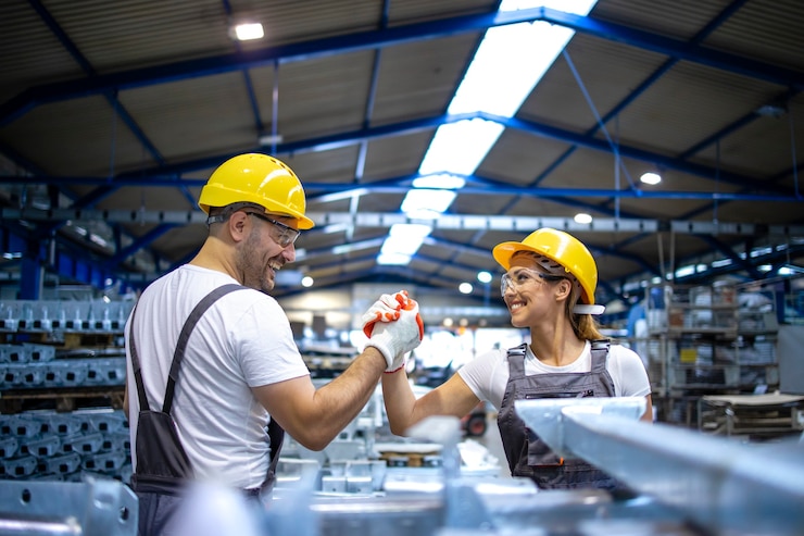 Foto gratuito trabajadores de la fábrica se dan la mano en la línea de producción