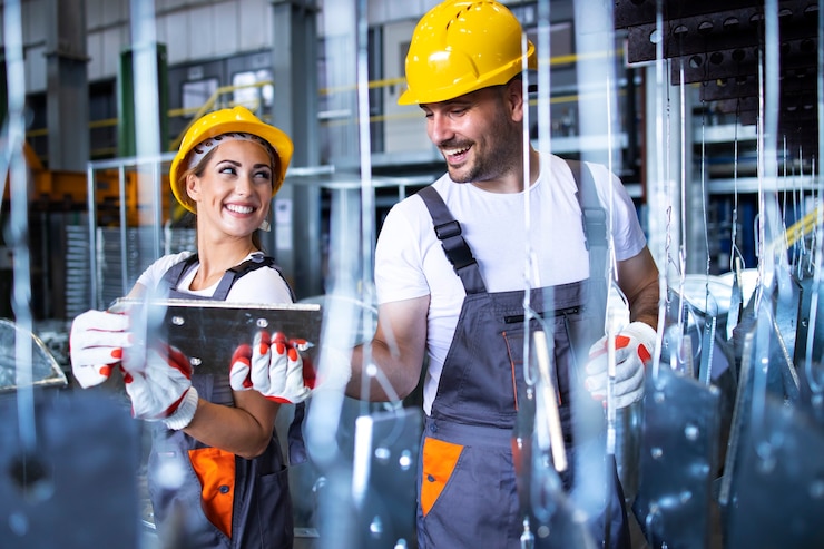 Foto gratuito trabajadores de la fábrica que trabajan juntos en una línea de producción industrial de metales