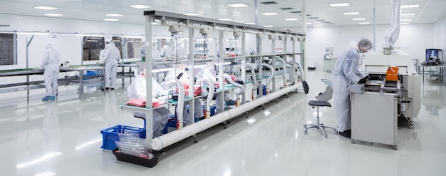 Trabajadores de fábrica con trajes de laboratorio blancos y guantes de látex negros que trabajan con algunos equipos modernos en una imagen panorámica de una sala muy limpia