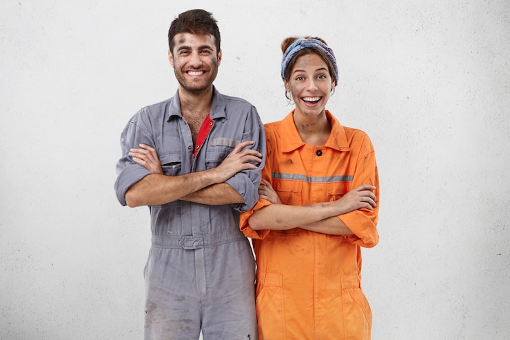 Foto gratuito trabajadores masculinos y femeninos vistiendo ropa de trabajo