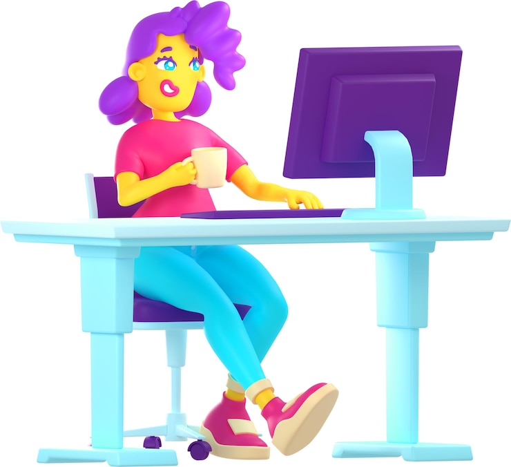 Foto gratuito trabajo de carácter de mujer 3d en computadora