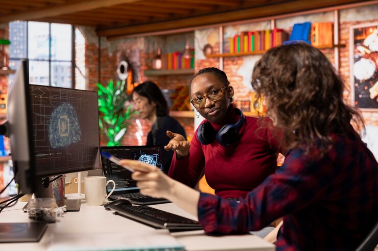 Foto gratuito trabajo en equipo empleados de empresas de tecnología de inteligencia artificial que colaboran