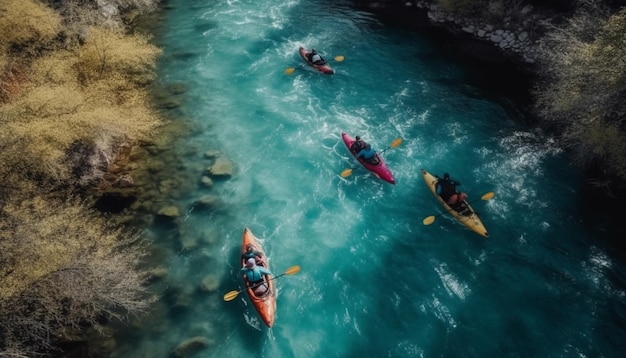 Trabajo en equipo de hombres y mujeres en canoa sobre agua generada por IA