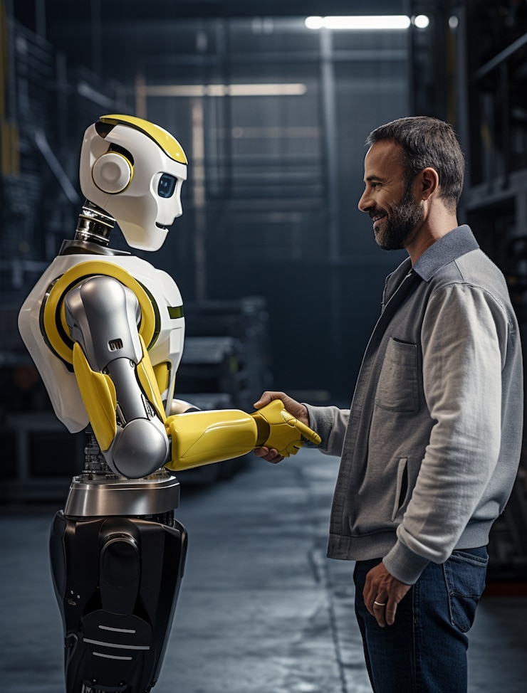 Foto gratuito trabajo humano ordinario realizado por un robot antropomórfico