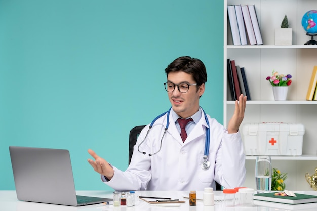 Trabajo médico de forma remota en la computadora serio lindo médico inteligente en bata de laboratorio agitando las manos