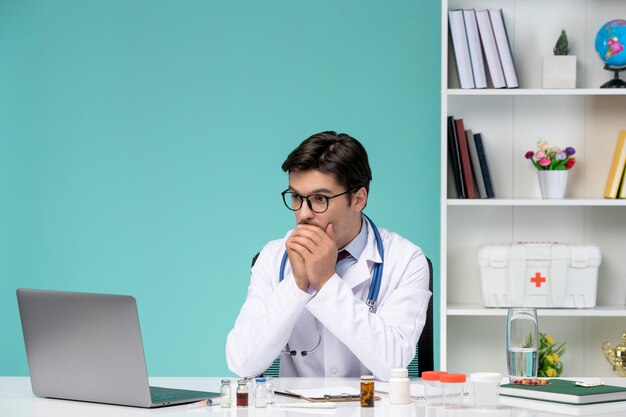 Trabajo médico de forma remota en la computadora serio lindo médico inteligente en bata de laboratorio que cubre la boca