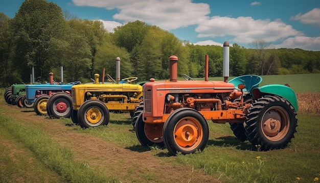 Tractor verde corta trigo en prado rural generado por IA