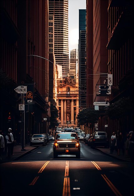 Tráfico de edificios de la vida de la ciudad y horizonte al atardecer IA generativa