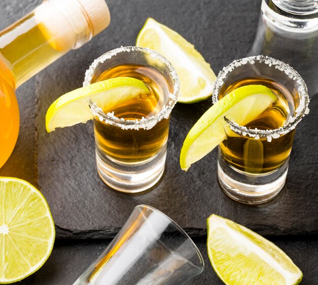 Tragos de tequila dorado de alto ángulo y limón con sal y botella