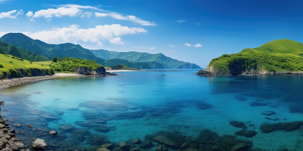 Foto gratuita una tranquila bahía con aguas azules y arenas bordeadas de palmeras está escondida por colinas verdes