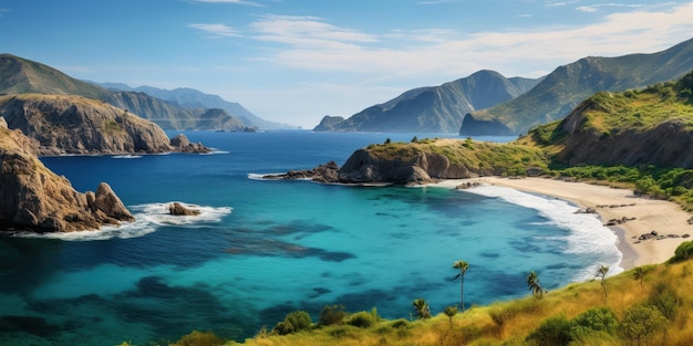 Una tranquila bahía con aguas azules y arenas bordeadas de palmeras está escondida por colinas verdes