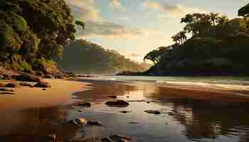 Foto gratuita la tranquila puesta de sol pinta la costa tropical con palmeras y olas generadas por inteligencia artificial