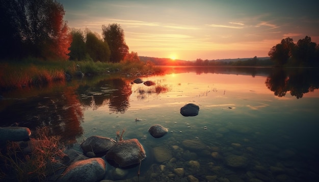 La tranquila puesta de sol sobre el bosque de otoño se refleja en un estanque generado por IA